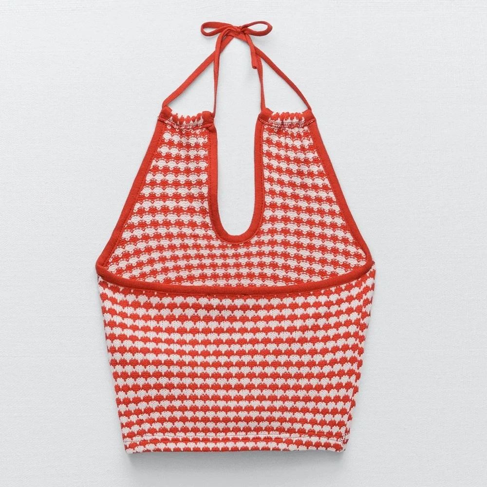 ZARA crochet halter tie crop top! Sleeveless red and white - Picture 3 of 11